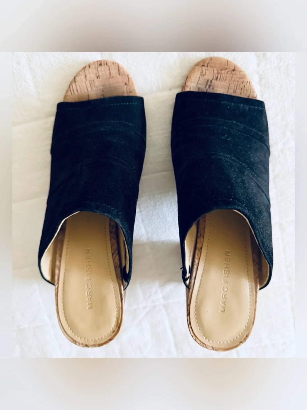 Marc Fisher Prenna Black Suede Open Toe Cork High Heel Slip-On Mule Sandals 9M